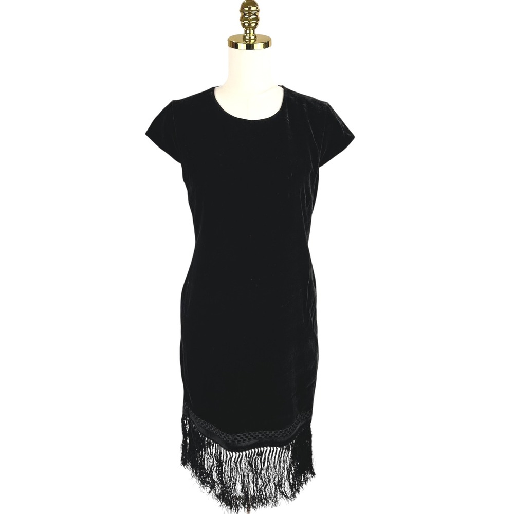 NWT Elie Tahari Black Velvet Olive Fringe Tassel Cocktail Dress Size 4 EN188609